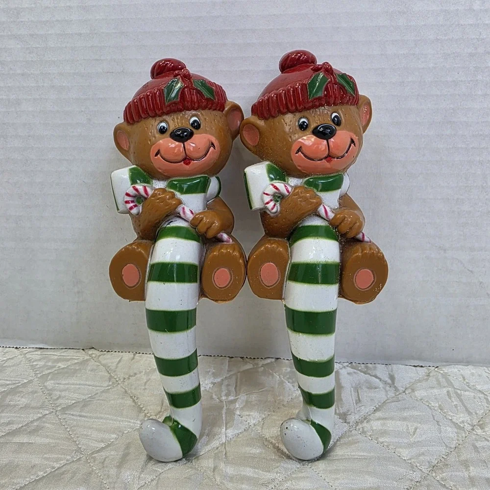 2‎ Vintage Stocking Hangers 1982 Holiday Bear Christmas Teddy Bear Kitsch Granny